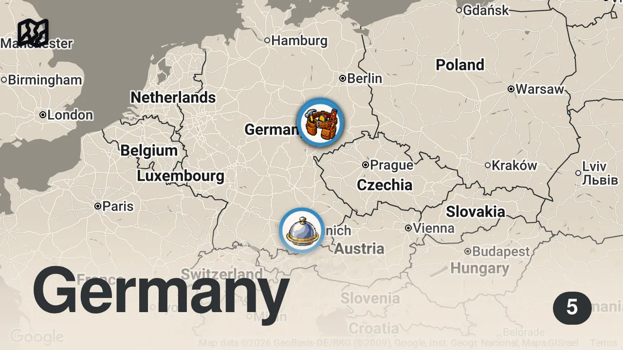 Map of 5 spots from Die besten Burger Deutschlands! Was macht einen guten Burger aus? | Abenteuer Leben | Kabel Eins