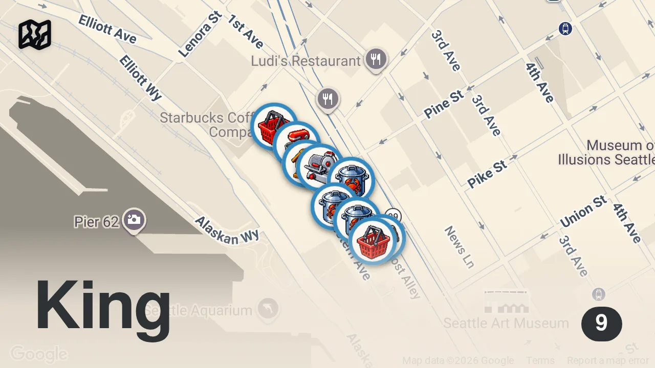 Map of 9 spots from Pike Place Market - AMERICA'S #1 CHOWDER + Must-Eat Market Tour in Seattle | American Food!