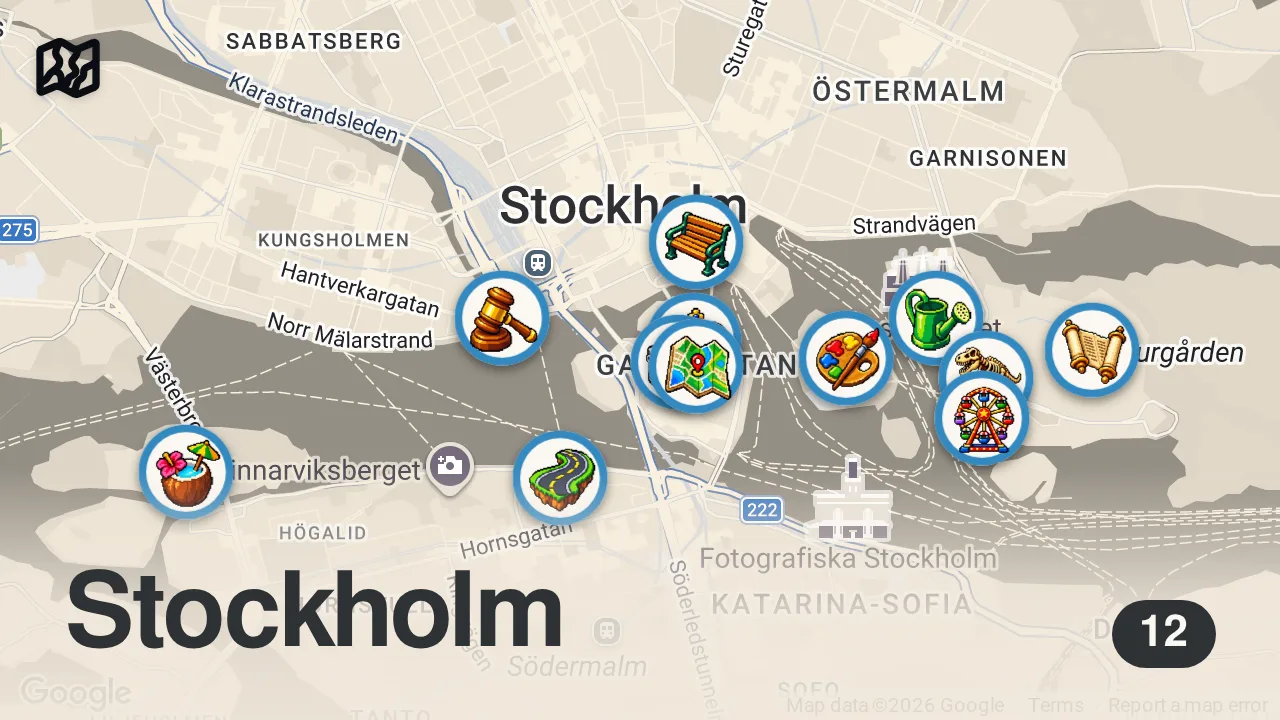 Map of 12 spots from Top Things To Do In Stockholm Sweden - Ultimate Stockholm Travel Guide 2026