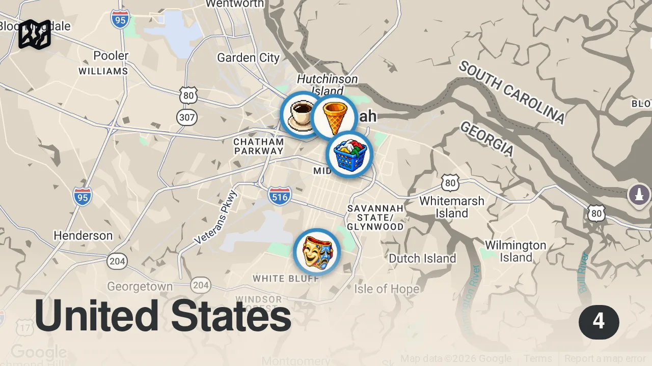 Map of 4 spots from Eating The Most VIRAL Restaurants for 24 Hours (Savannah, GA)