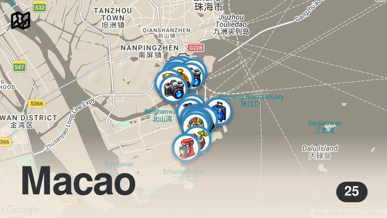 Map of 25 spots from Macau 2026 Travel Guide: 3 Day Budget Itinerary • Best Tourist Attractions • Tips & Expenses Vlog