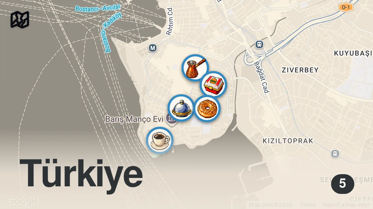 Map of 5 spots from MODA LEZZET REHBERİ - Tost, Bagel, Döner, Burger, Boşnak Meyhanesi