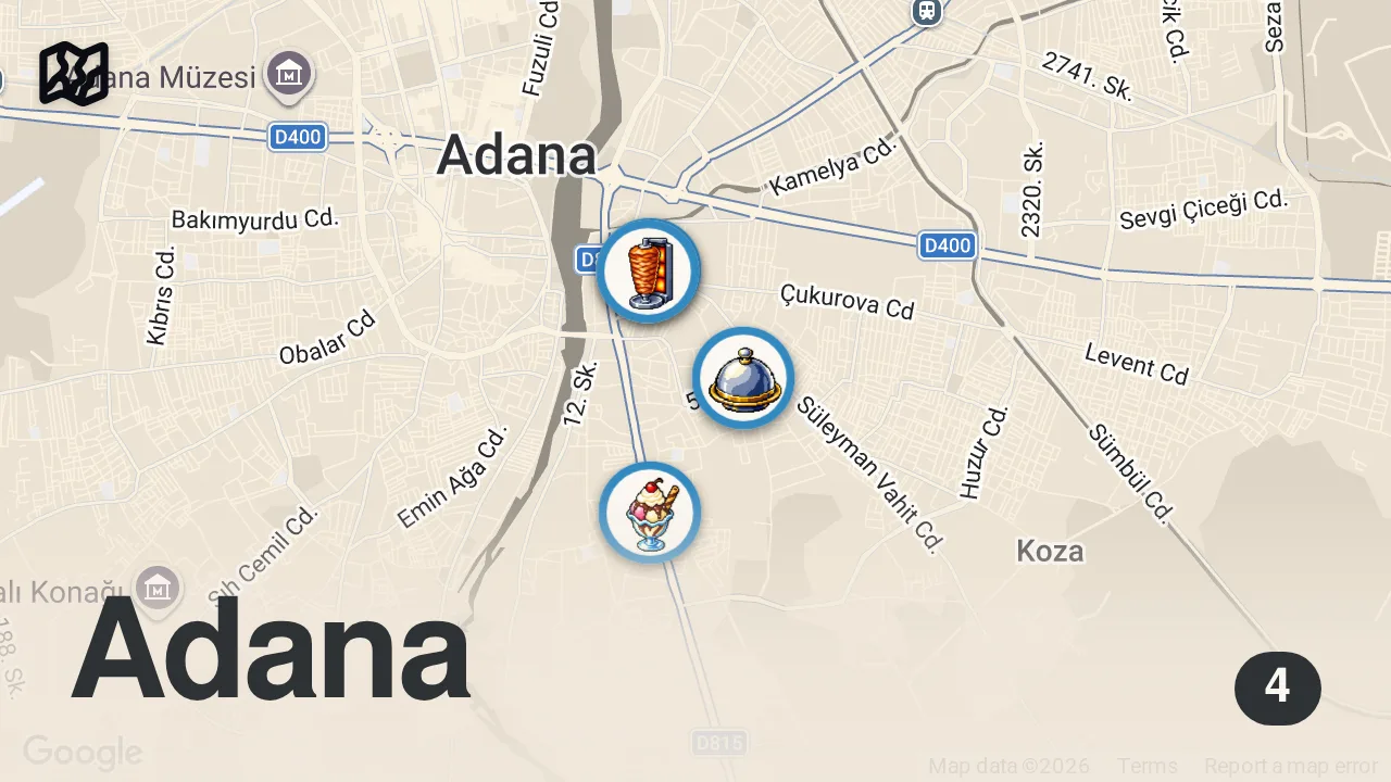 Map of 4 spots from Street Food In ADANA, Turkey 🇹🇷 - MEAT BBQ HEAVEN + Turkish food tour of Adana, Turkey