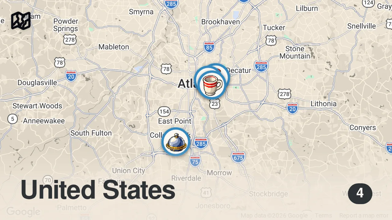Map of 4 spots from 24 Hours Eating Atlanta’s GREATEST Food!