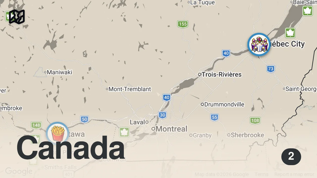 Map of 2 spots from 10 Traditional Canadian Dishes You Must-Try