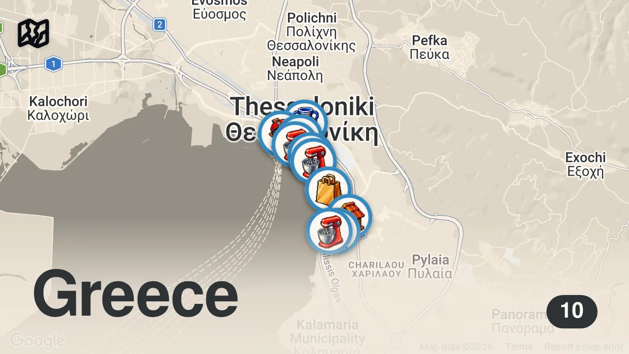 Map of 10 spots from 24 Hours of Greek Food | Ultimate Greek Food Tour in Thessaloniki! 🇬🇷🍽️