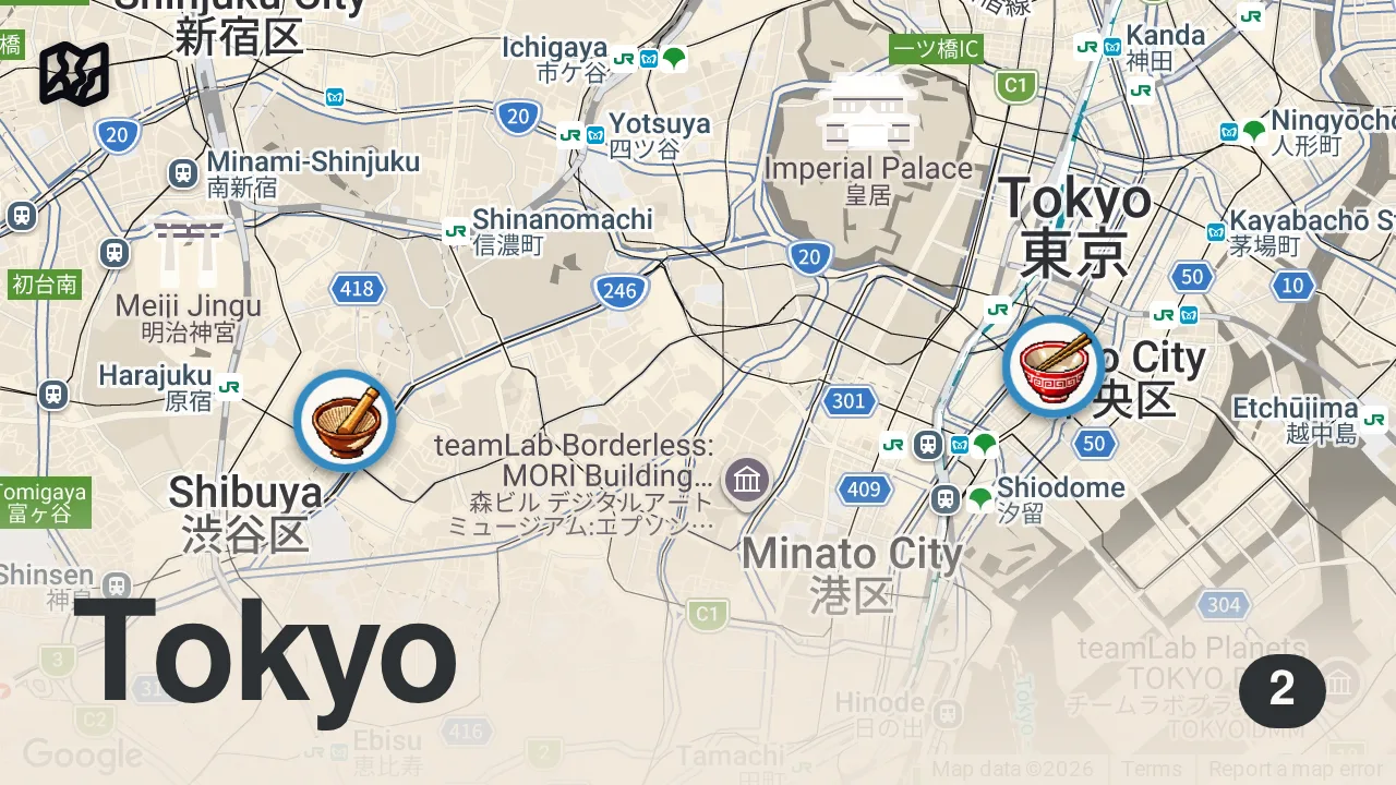 Map of 2 spots from How much I eat to cycle across Japan! (a LOT)