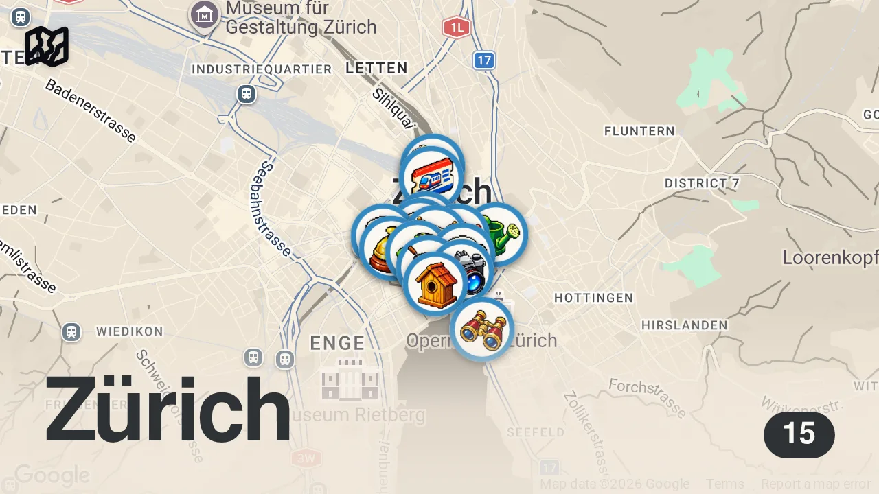 Map of 15 spots from Zürih VLOG Gezi Rehberi 🇨🇭 | Zürih Gölü, Eski Şehir, İsviçre Mutfağı & Çikolata Tramvayı 🍫🧀🚋