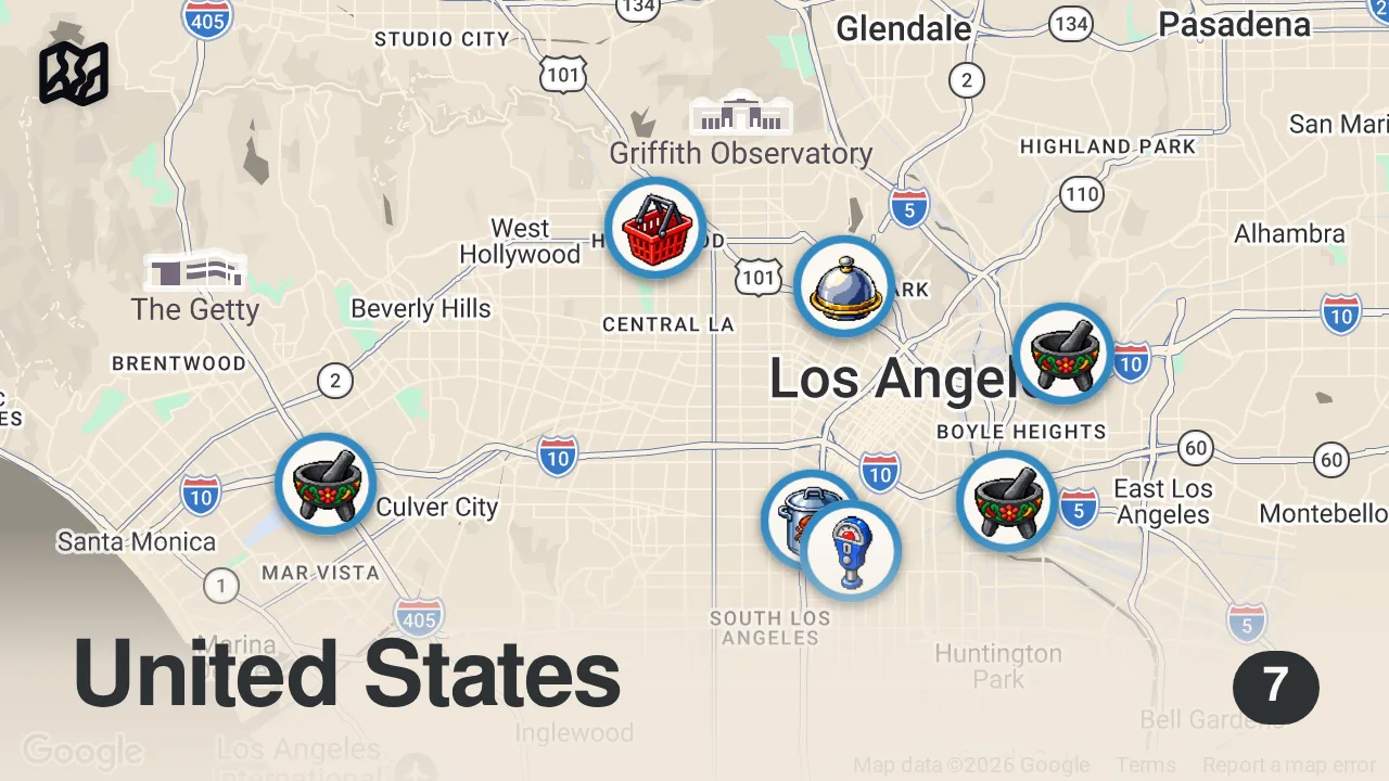 Map of 7 spots from Top 6 BEST STREET TACOS in Los Angeles (HIDDEN GEMS You NEED to Try!) 🌮🔥