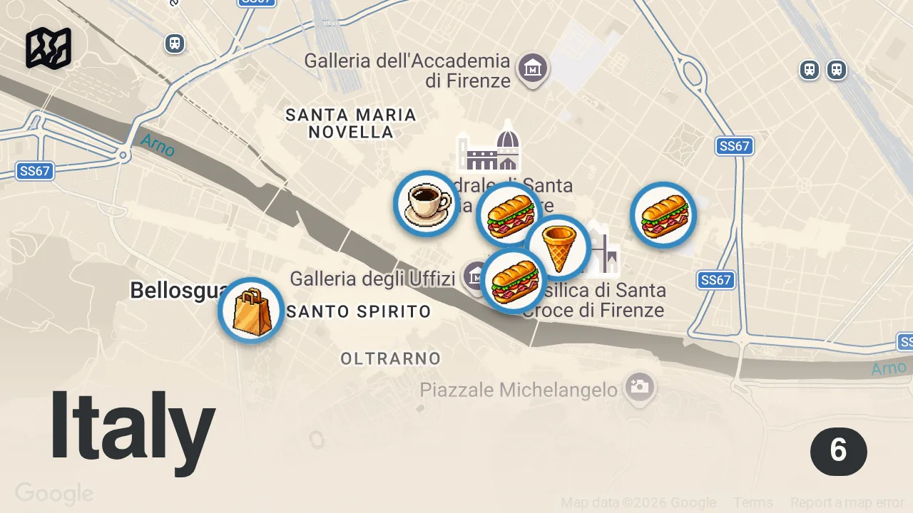 Map of 6 spots from Italian Street Food!! 🥪 🇮🇹 World’s Most Famous Sandwich - Florence, Italy!!