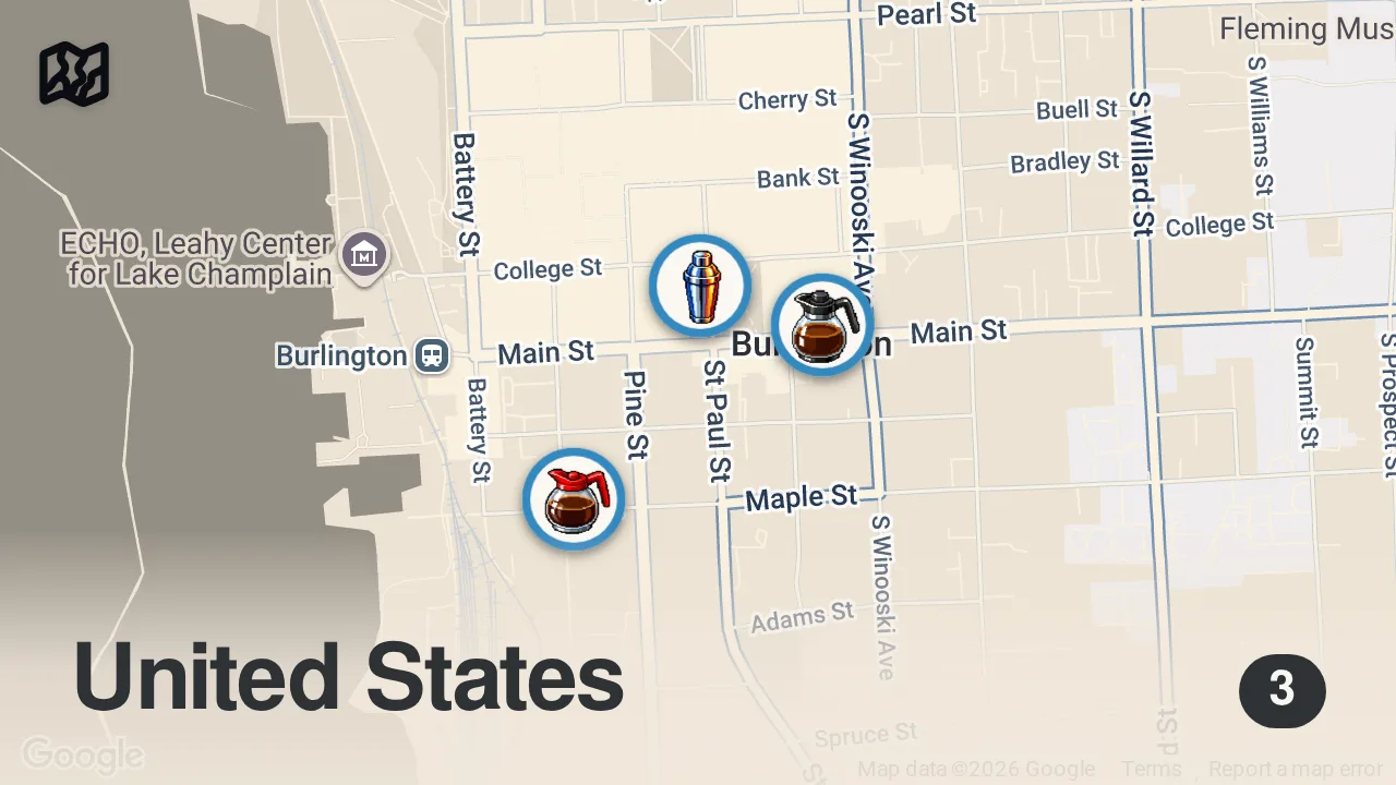 Map of 3 spots from Exploring downtown Burlington, Vermont - delicious bites!