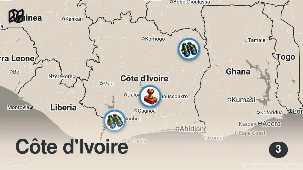 Map of 3 spots from West Africa's Most Surprising & Unique Country Nobody Talks About - Ivory Coast 🇨🇮 (Zaouli Dance)