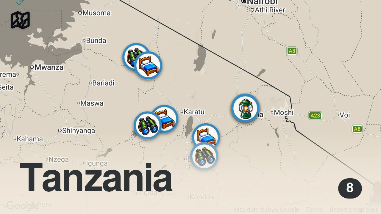 Map of 8 spots from 10 Days in Tanzania ๐น๐ฟ The Ultimate Safari Itinerary + Costs