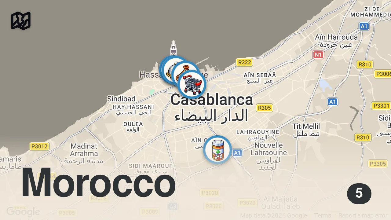 Map of 5 spots from Morocco Street Food!! 🇲🇦 SPIDER CRAB + Best Moroccan Food in Casablanca!