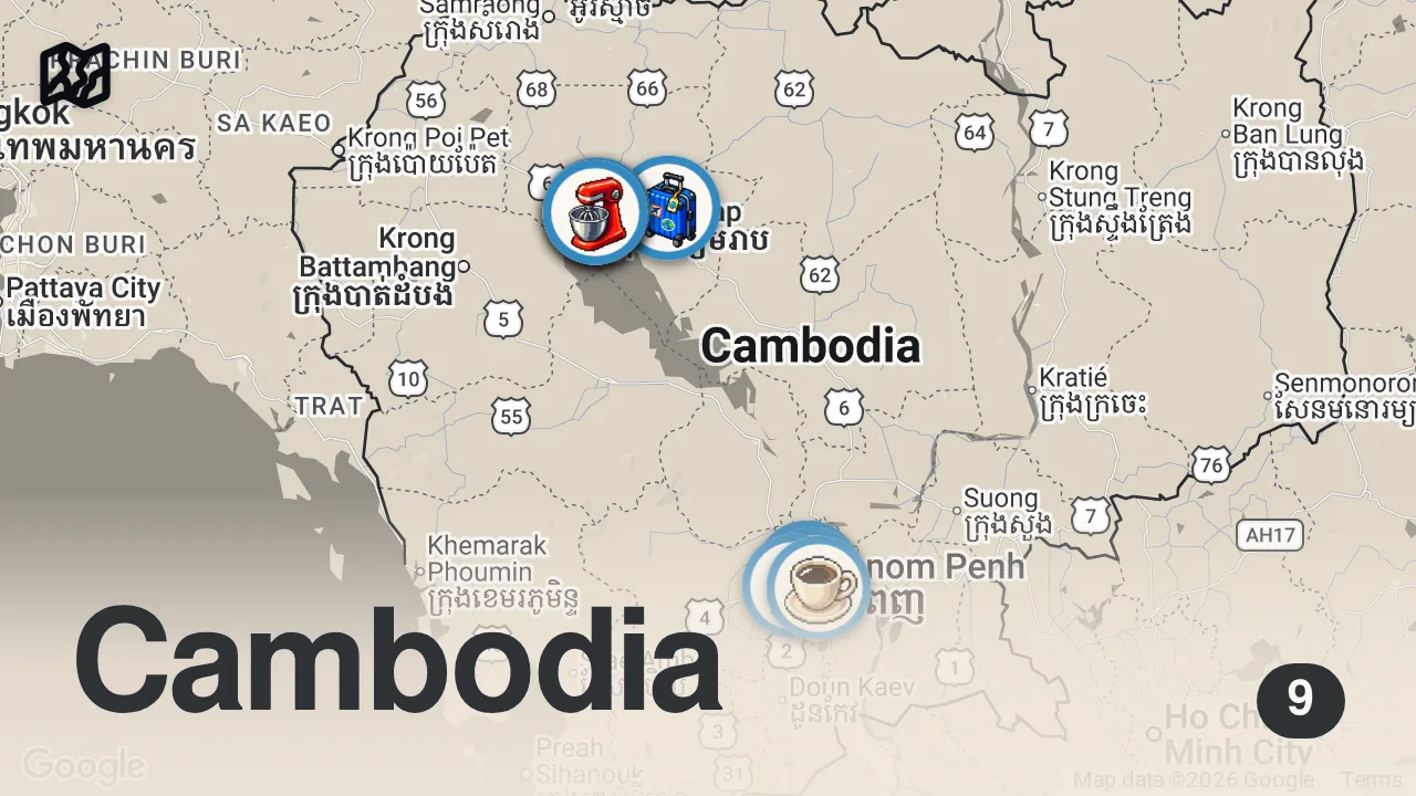 Map of 9 spots from Are People Honest In Cambodia? I Paid 400x More For This ๐ฐ๐ญ