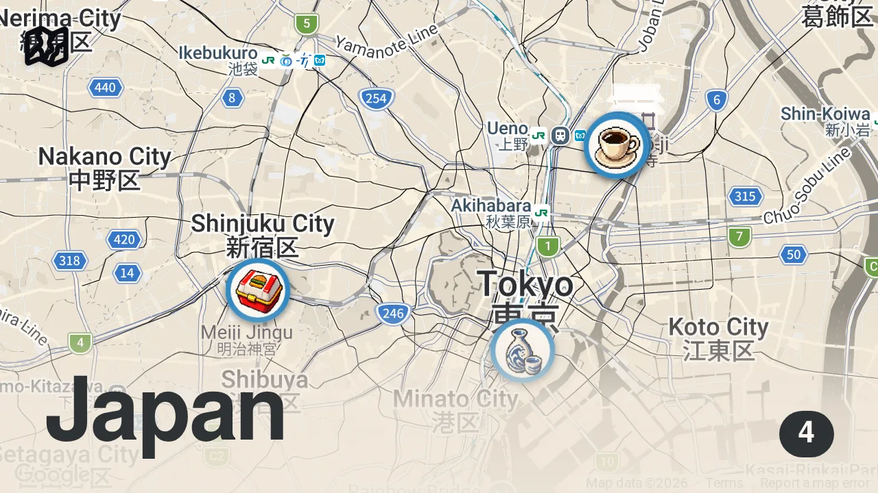 Map of 4 spots from I Tried All The Best Food In Tokyo, Japan! | Part 1