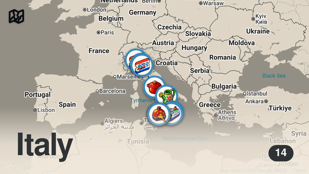 Map of 14 spots from 22 Hours on Europe's Most Unique Ferry Sleeper Train! | 🇮🇹 Milan - Sicily