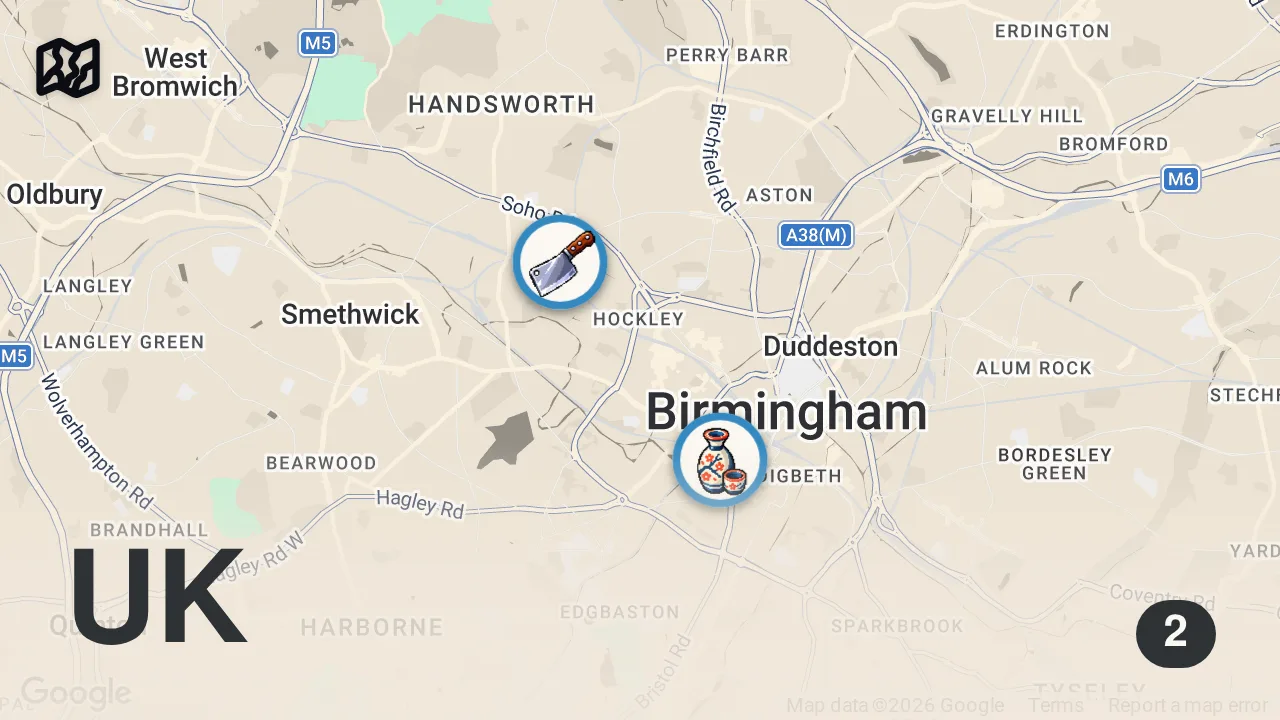 Map of 2 spots from I ate at Birmingham's most HYPED food spots 🙌🏻