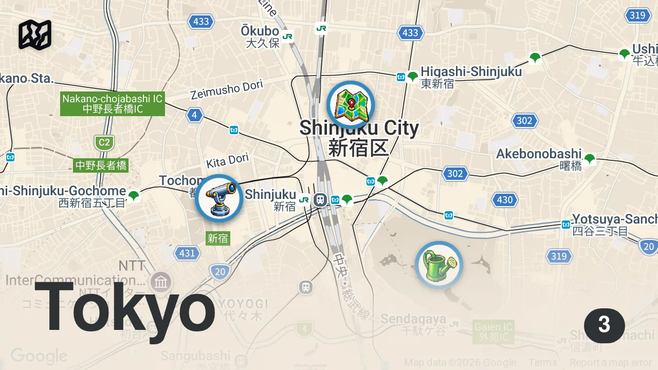 Map of 3 spots from Walking Through Shinjuku Tokyo 4K | Kabukicho, Omoide Yokocho & Nightlife