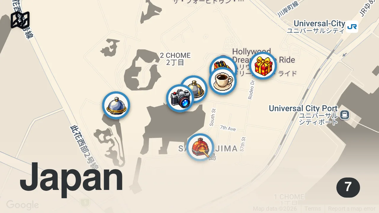 Map of 7 spots from 【USJ】食べ歩き vlog │ 2024年!おすすめグルメ8選!ユニバ/マリオ/パンケーキ/スイーツ