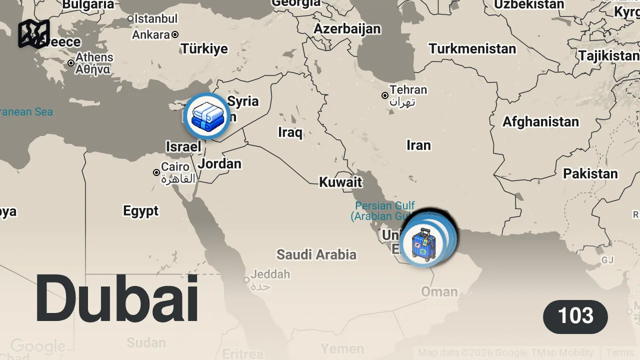 Map of 103 spots from دليل زيارة دبي 2025 🇦🇪 | أفضل الأماكن السياحية والنصائح المهمة قبل السفر