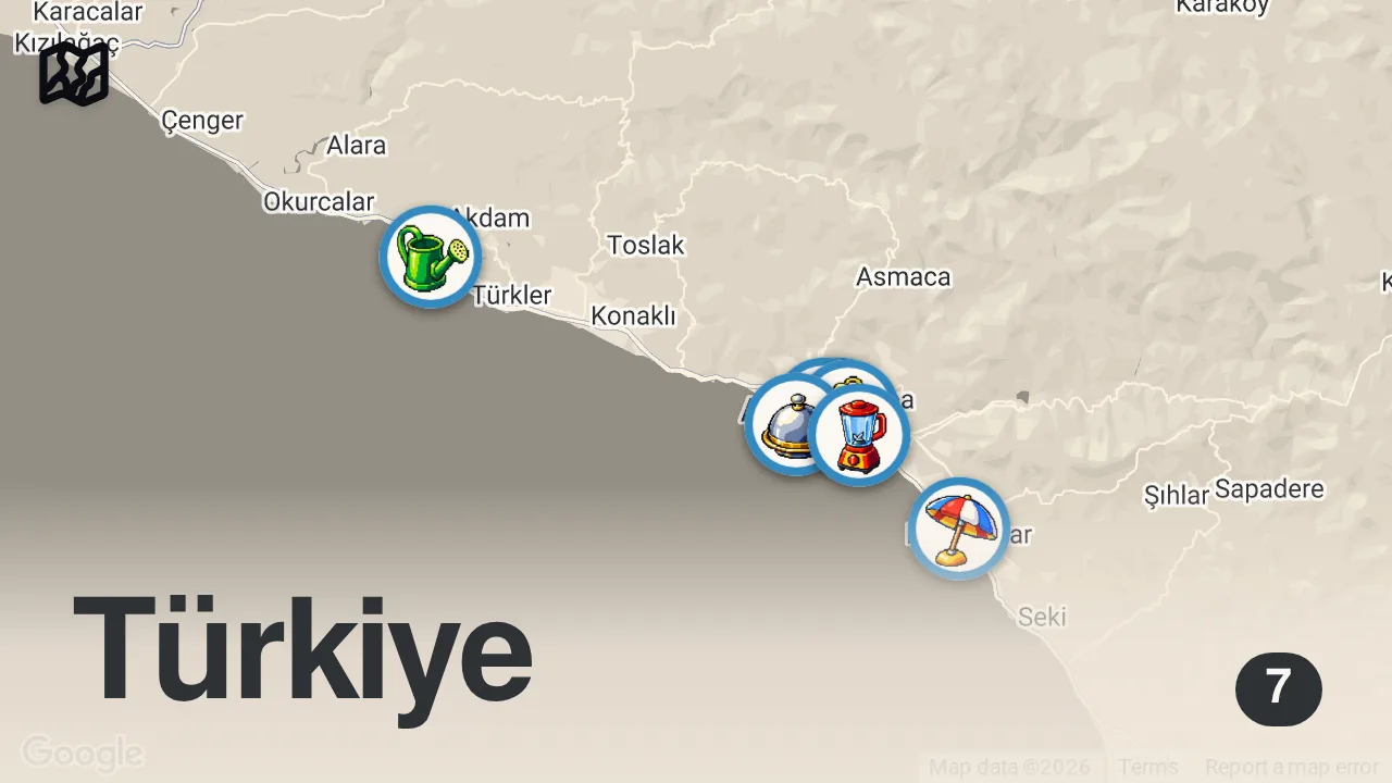 Map of 7 spots from ALANYA’DA 1 GÜNDE TÜM TROPİKAL MEYVELERİ YEDİM!!!