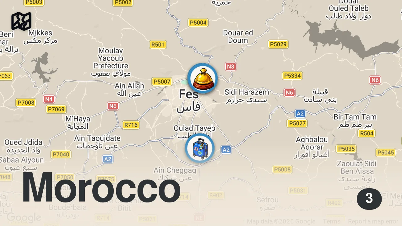 Map of 3 spots from Moroccan Food in Fez!! CHICKEN MOUNTAIN + Street Food Tour in Fez, Morocco!