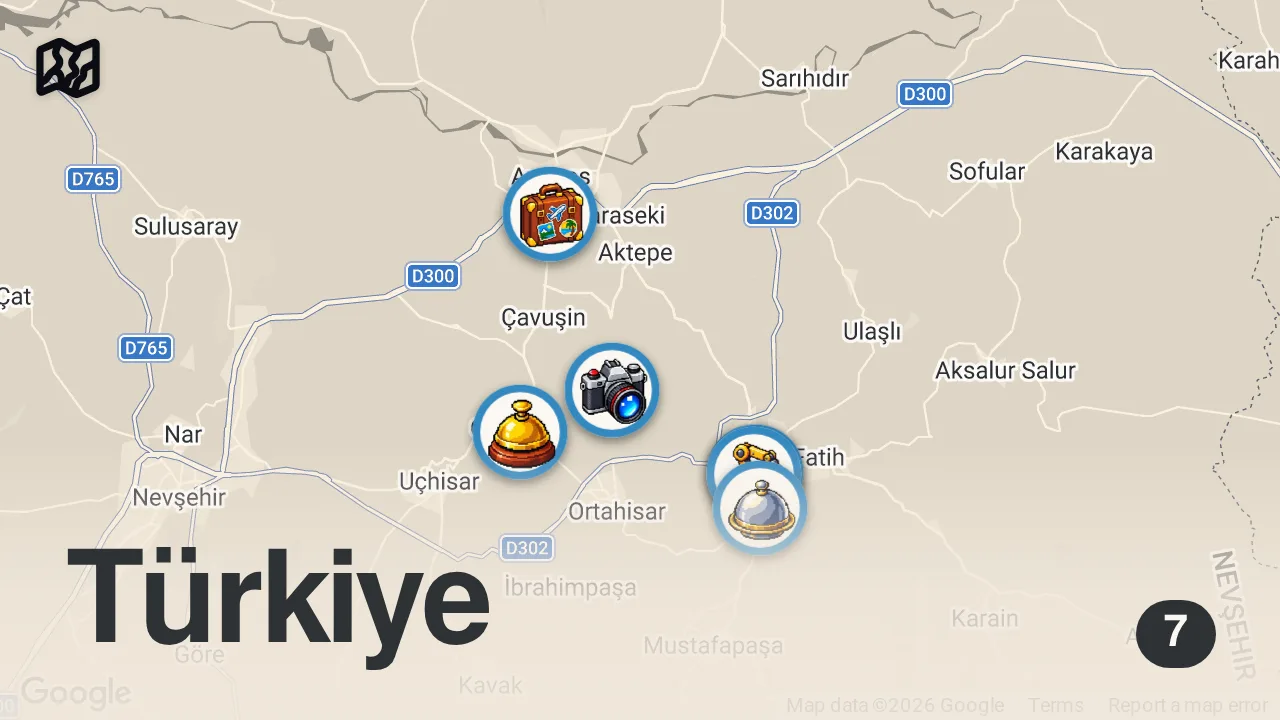 Map of 7 spots from CAPPADOCIA STREET FOOD!! Hot Air Balloon + FLAMING Testi Kebab | BEST Turkish Food in Cappadocia!