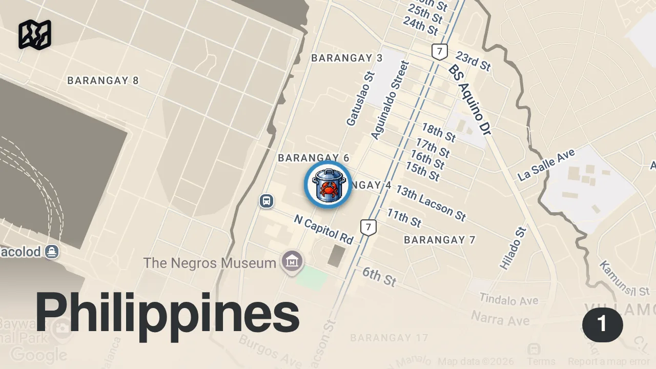 Map of 1 spot from Filipino Food EXTREME SEAFOOD!! ๐ Unbelievable Cooking Skills in Bacolod, Philippines!