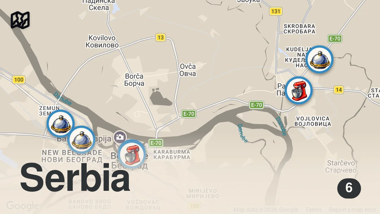 Map of 6 spots from SERBIA MEAT HEAVEN - Serbian Street Food Tour in Belgrade & Pančevo