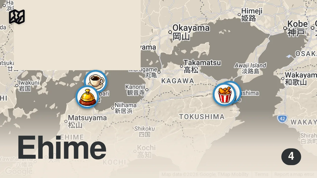 Map of 4 spots from What I eat to cycle 170km across Japan!