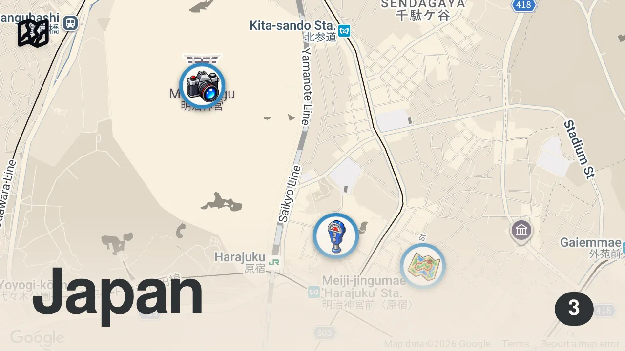 Map of 3 spots from Harajuku Walking Tour 2026 [4K, 60fps]