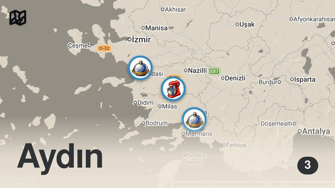Map of 3 spots from İzmir - Marmaris Yolüstü Lezzetleri | Otlu börek, ekşili tavuk, bıldırcın, ciğer -Ayaküstü Lezzetler