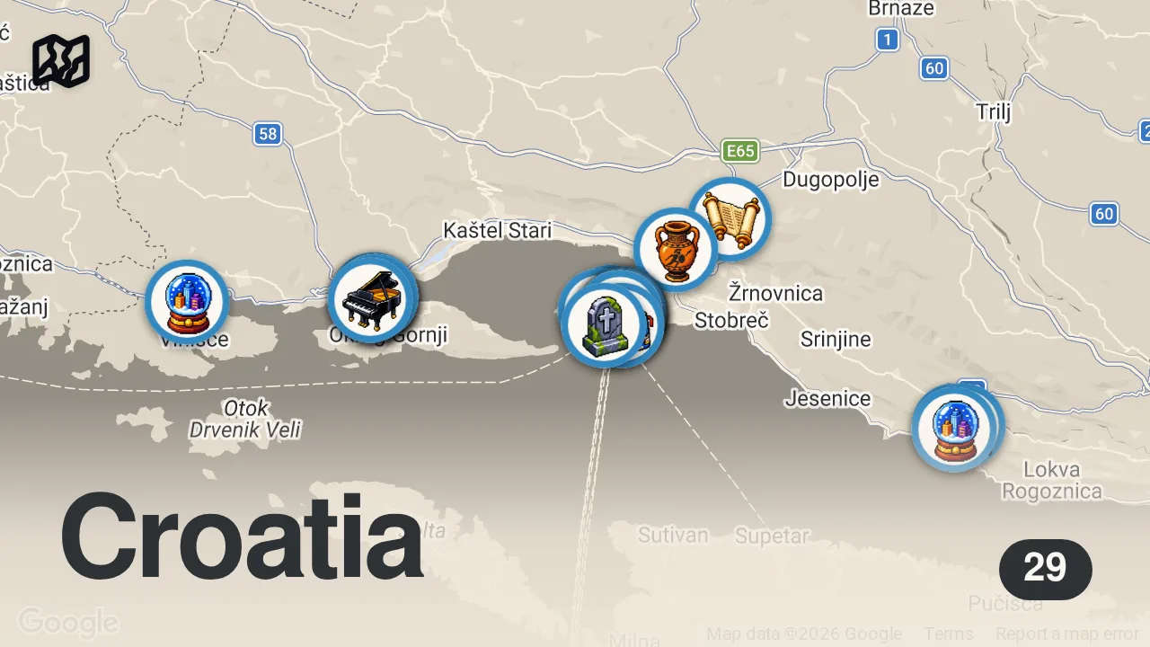 Map of 29 spots from SPLIT I OKOLICE - piękna Dalmacja i Chorwacja poza sezonem | Trogir, Omiš, Klis i atrakcje Splitu