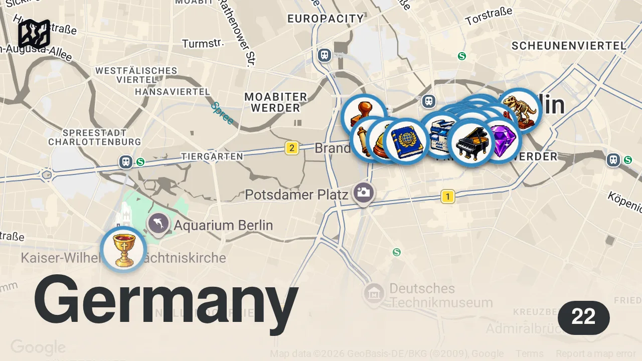 Map of 22 spots from I Followed an East German Guidebook Through Berlin's Historic Heart