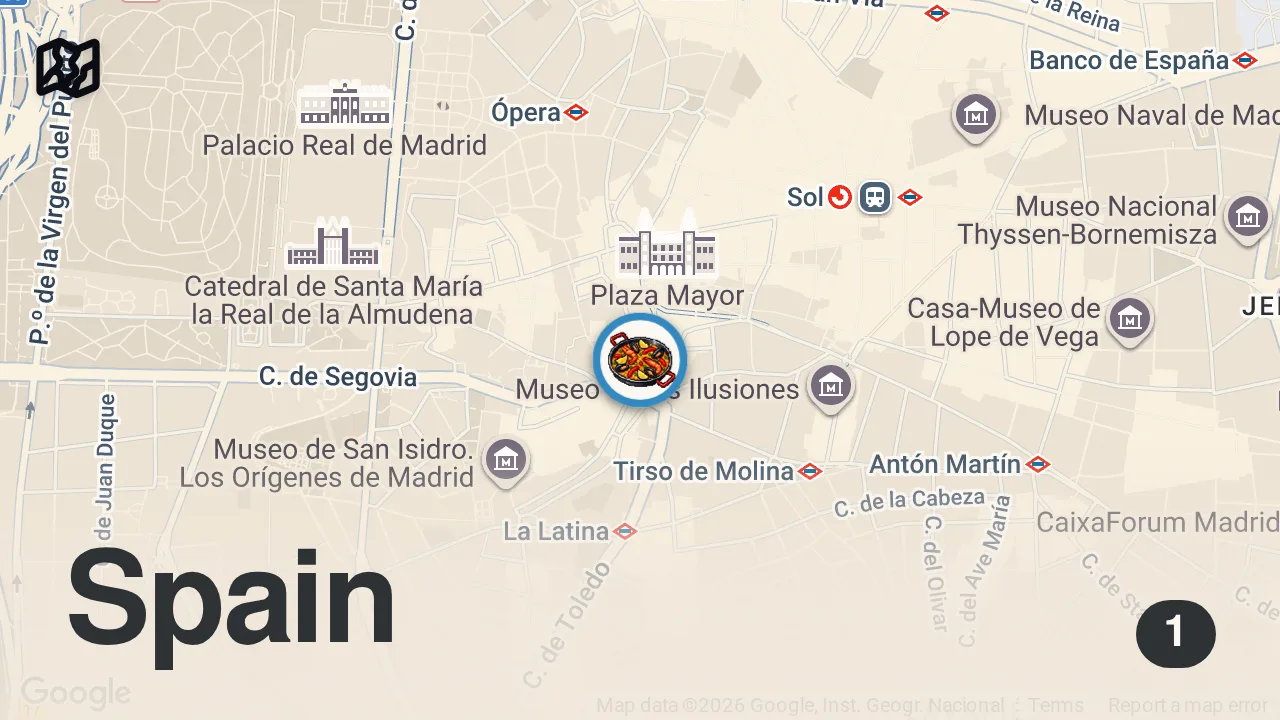 Map of 1 spot from Madrid'de yediğim bu dana işkembenin lezzet derinliği gerçekten tarif edilemez.