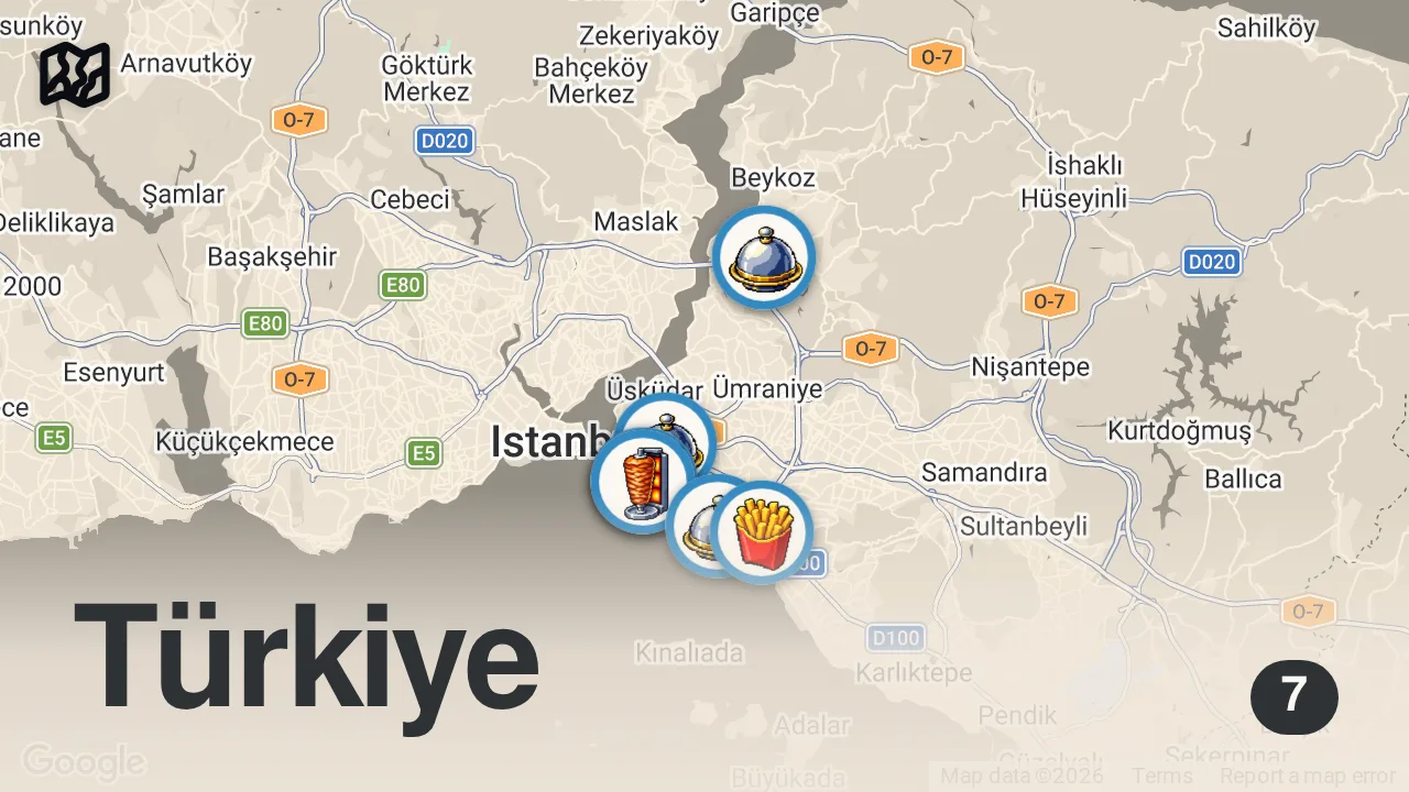 Map of 7 spots from İSTANBUL'UN EN İYİ LAHMACUNLARI (En ucuzu 14 TL, en pahalısı 22 TL) - Ayaküstü Lezzetler