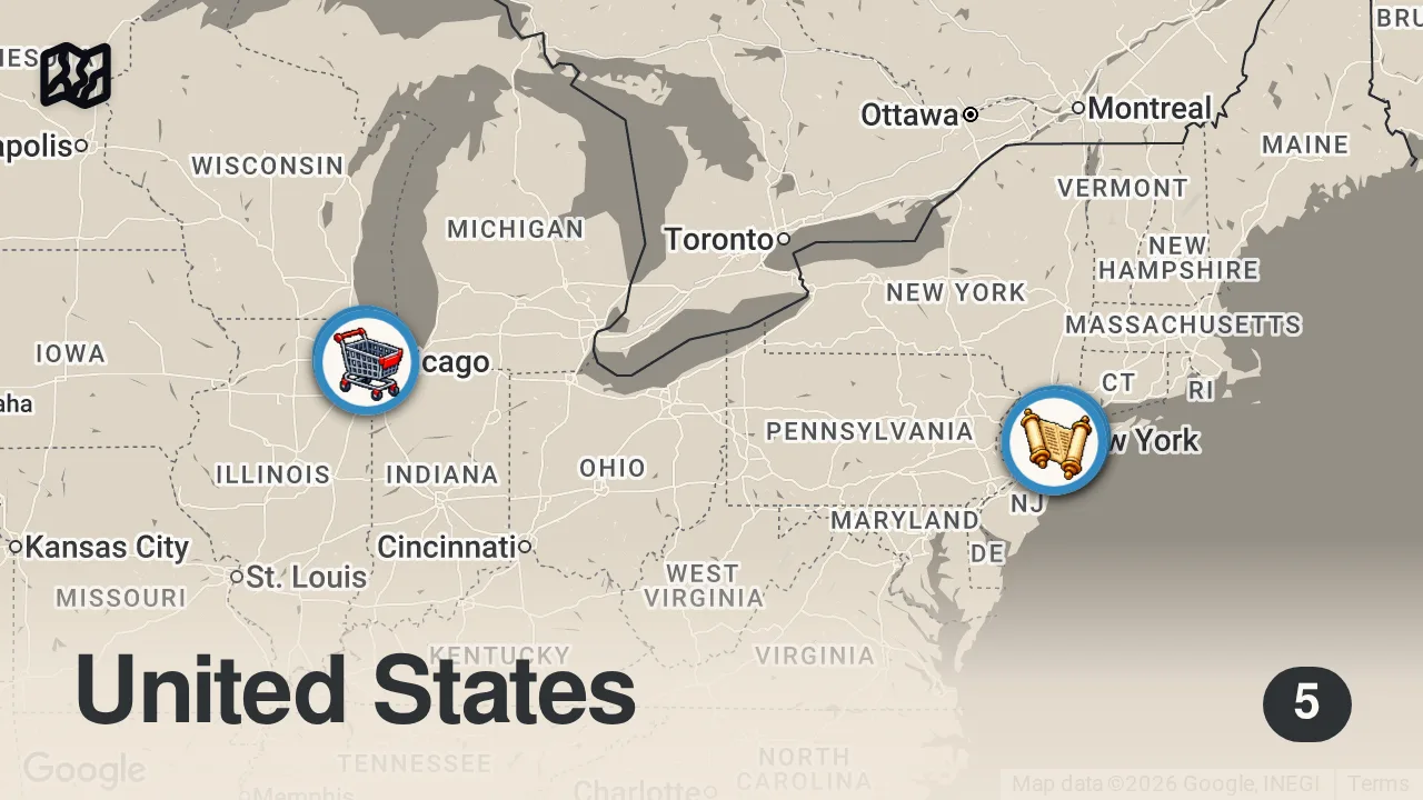 Map of 5 spots from The News Told Me Not to Visit the USA, I Went Anyway (A European’s Impressions)