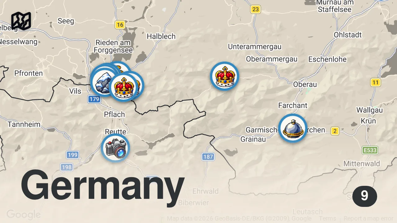 Map of 9 spots from Fairytale Road Trip in Germany 🇩🇪 | Neuschwanstein Castle & Bavarian Alps