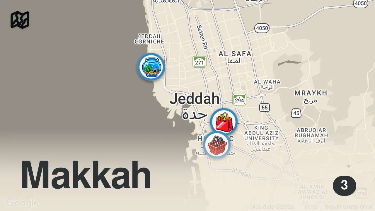 Map of 3 spots from Spend a day with me in Jeddah #jedah #ksa #saudiaarbia #albalad #explore