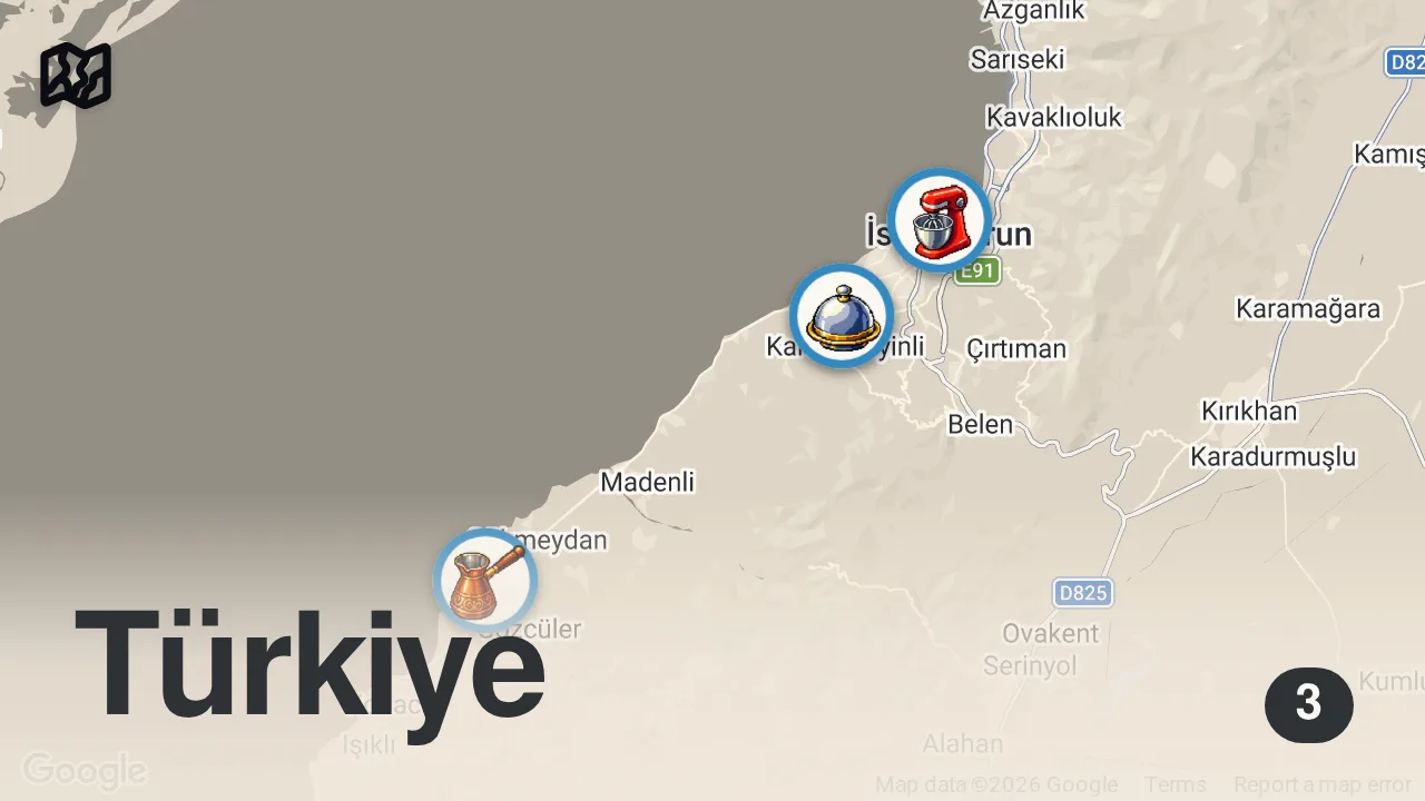 Map of 3 spots from İskenderun’un En Viral Lezzeti: Sütlü Kavurma Gerçekten Hak Ediyor mu?