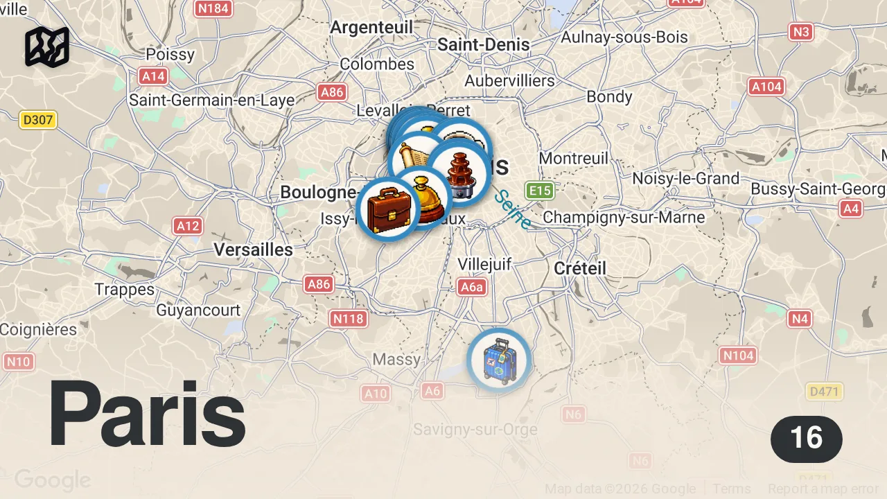 Map of 16 spots from PARİS LEZZETLERİ VLOG