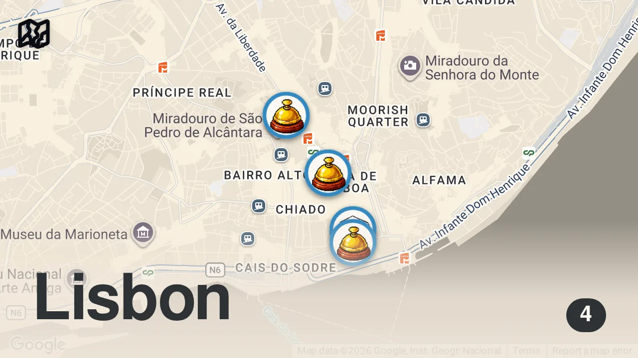 Map of 4 spots from 3 BEST and WORST Places to Stay in LISBON | Where to Stay in Lisbon Portugal