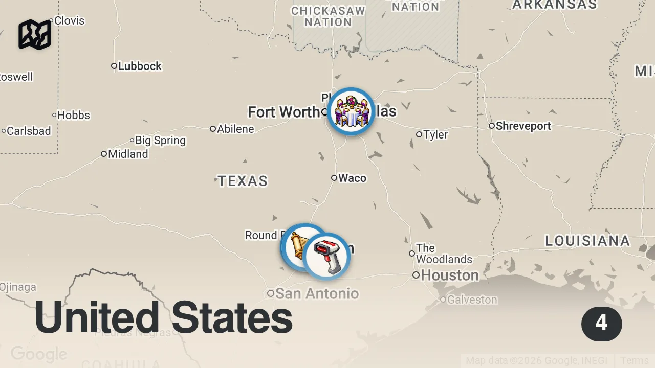 Map of 4 spots from European’s First Impressions of Texas (Culture Shock!)