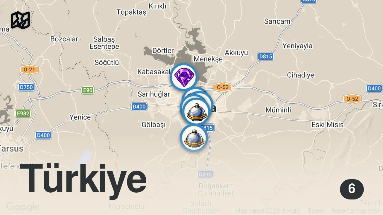 Map of 6 spots from ŞEHRİNİ GEZDİR | Adana - Ciğer, Adana Kebabı, Kuzu Tandır, Döner, Muzlu Süt