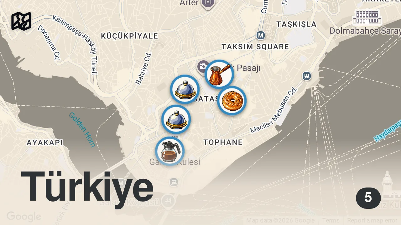 Map of 5 spots from BEYOĞLU LEZZET REHBERİ (Bratwurst, velibah, tereyağlı pilav) - Ayaküstü Lezzetler