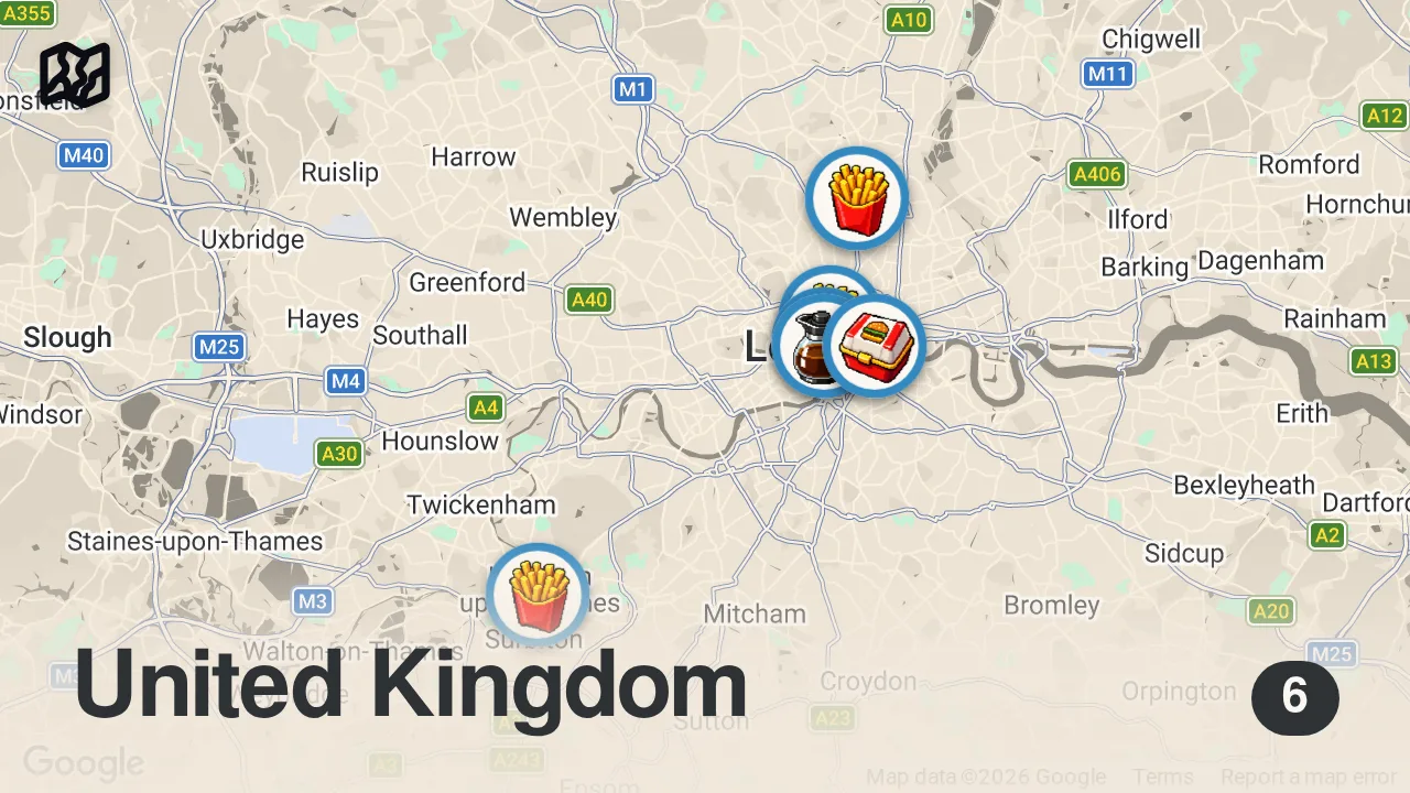 Map of 6 spots from I Tried Fake Fast-Food Restaurants #fastfood