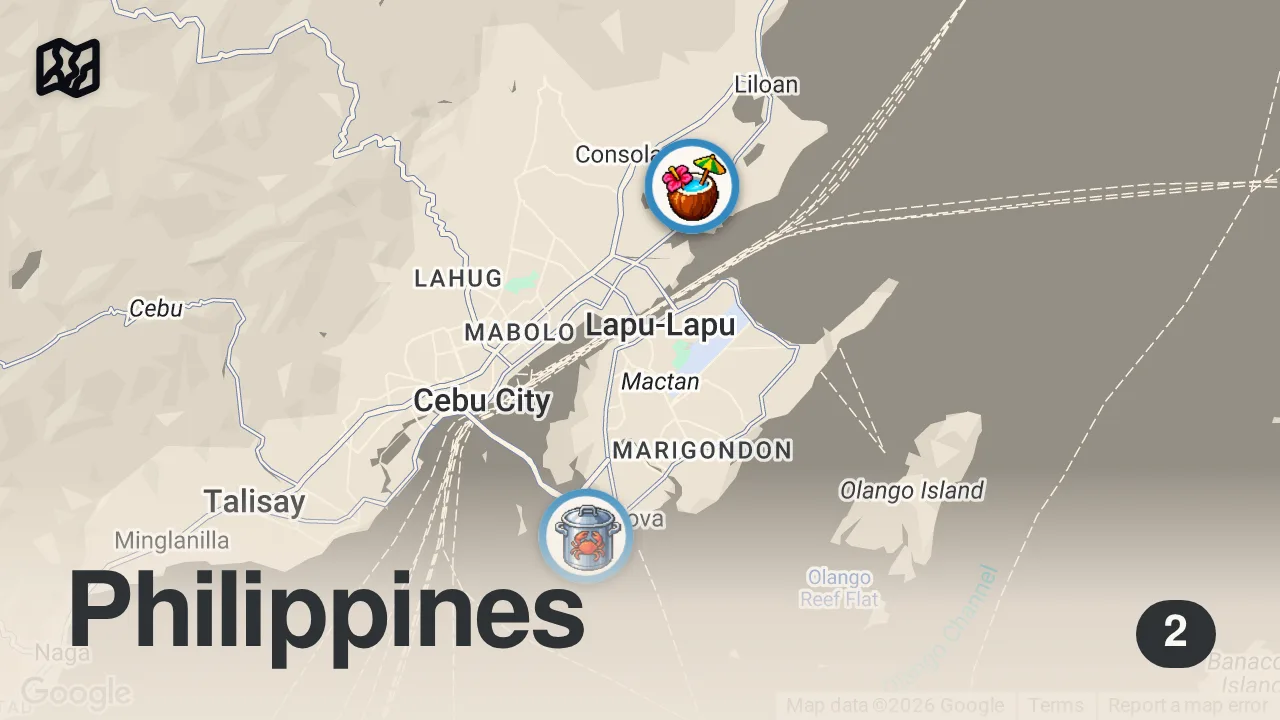 Map of 2 spots from Philippines OYSTER MOUNTAIN!! Best Filipino Food + Fresh Eels in Cebu!!