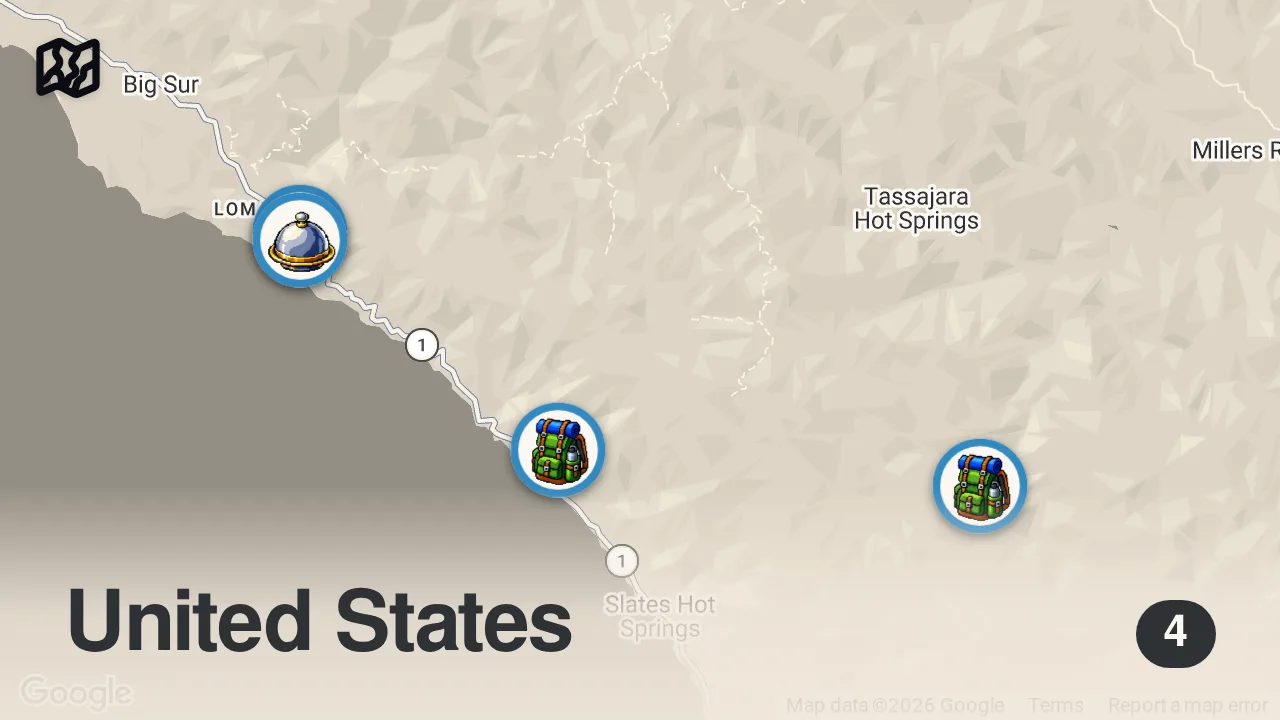 Map of 4 spots from BIG SUR ROAD TRIP