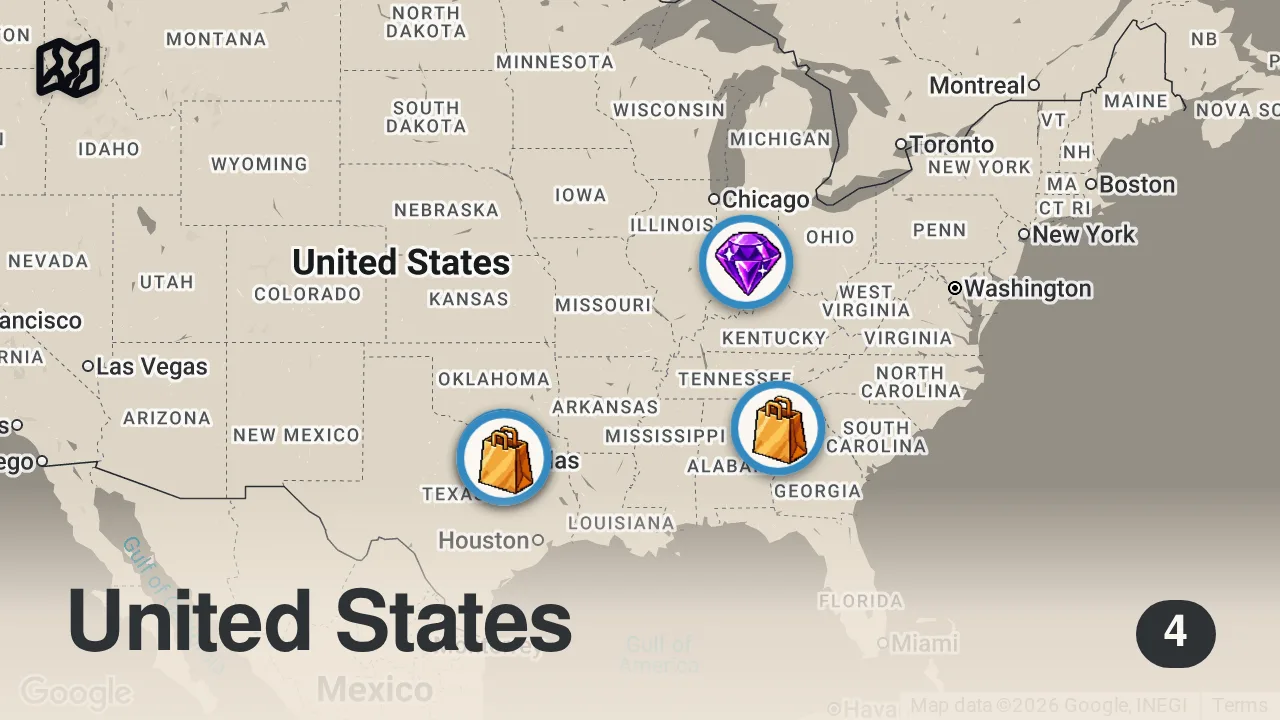 Map of 4 spots from Asking Chefs to cook $20 Budget Meals | Compilation Part 1